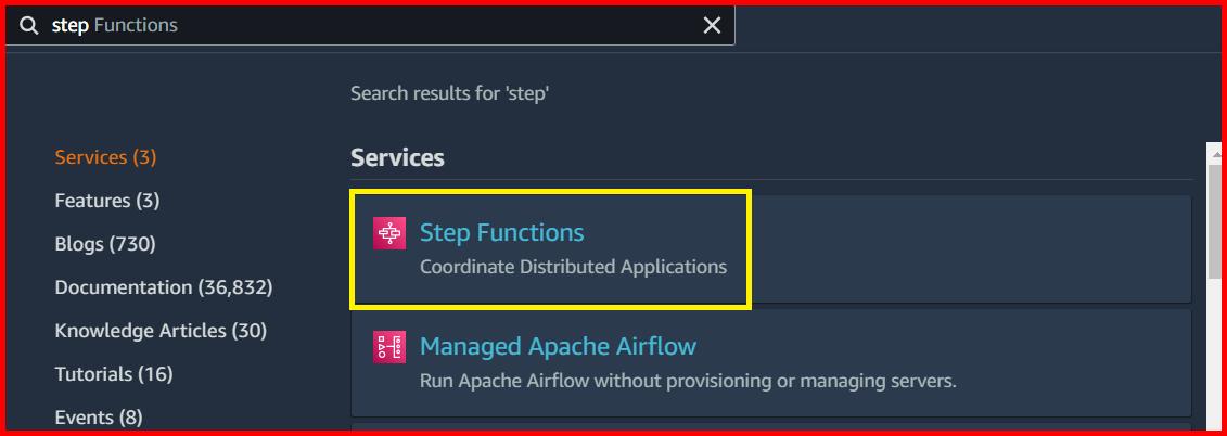 Picture showing the step function in the search result of AWS console